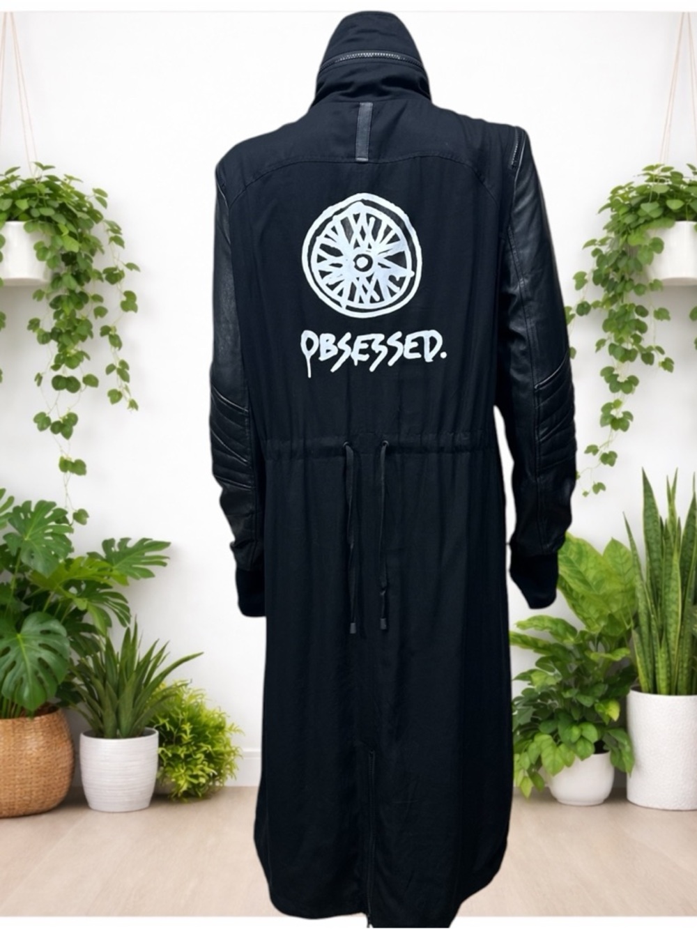 SoulCycle Utility Coat Leather Sleeve “OBSESSED” Graphic RARE Moto Trench [1331]